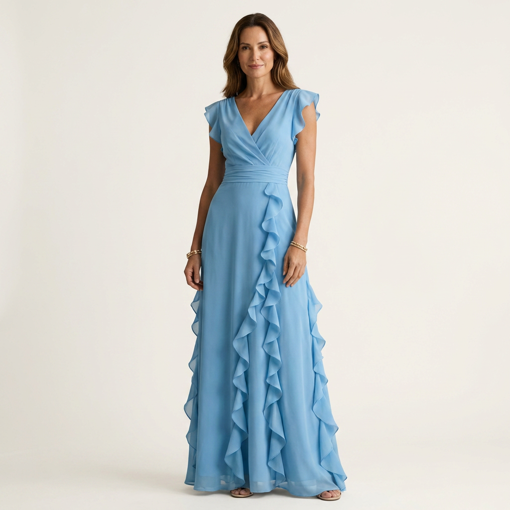 Elegantes Damen Maxikleid mit Wickel-V-Ausschnitt und Flatterärmeln