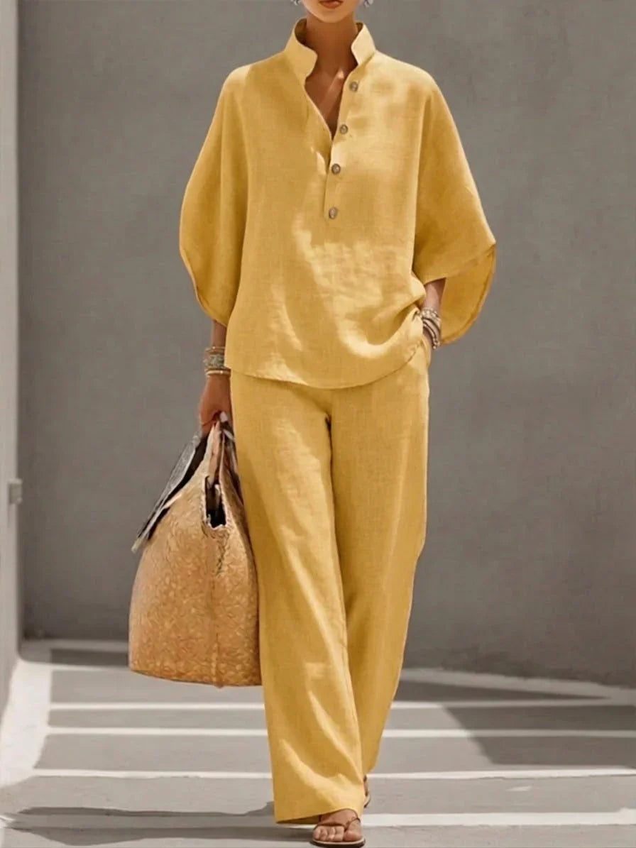 Elegantes Leinen Damen Zweiteiler-Set mit Fledermausärmeln und Weiter Hose