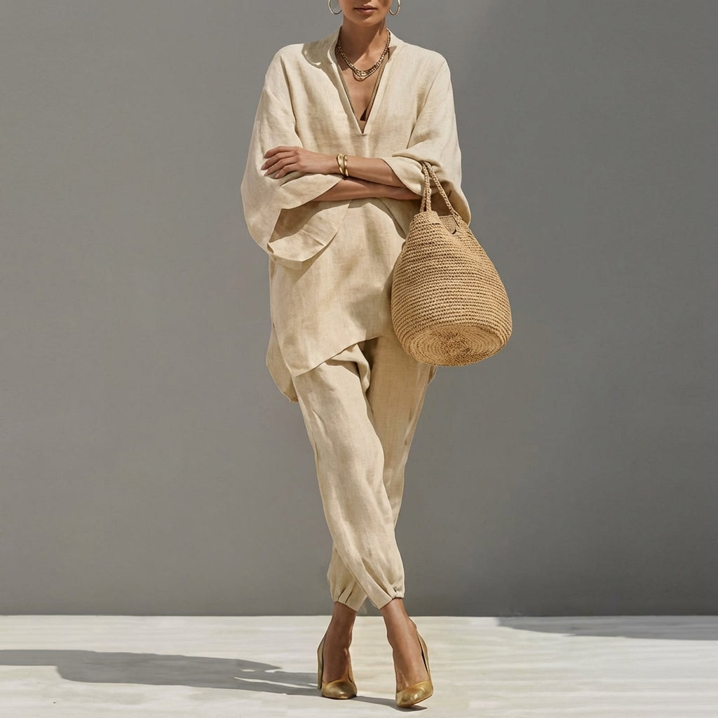 Elegantes Lässiges Damen Zweiteiliges Set mit V-Ausschnitt