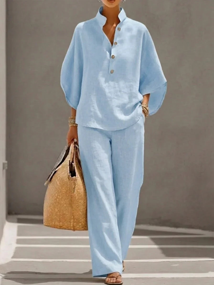 Elegantes Leinen Damen Zweiteiler-Set mit Fledermausärmeln und Weiter Hose