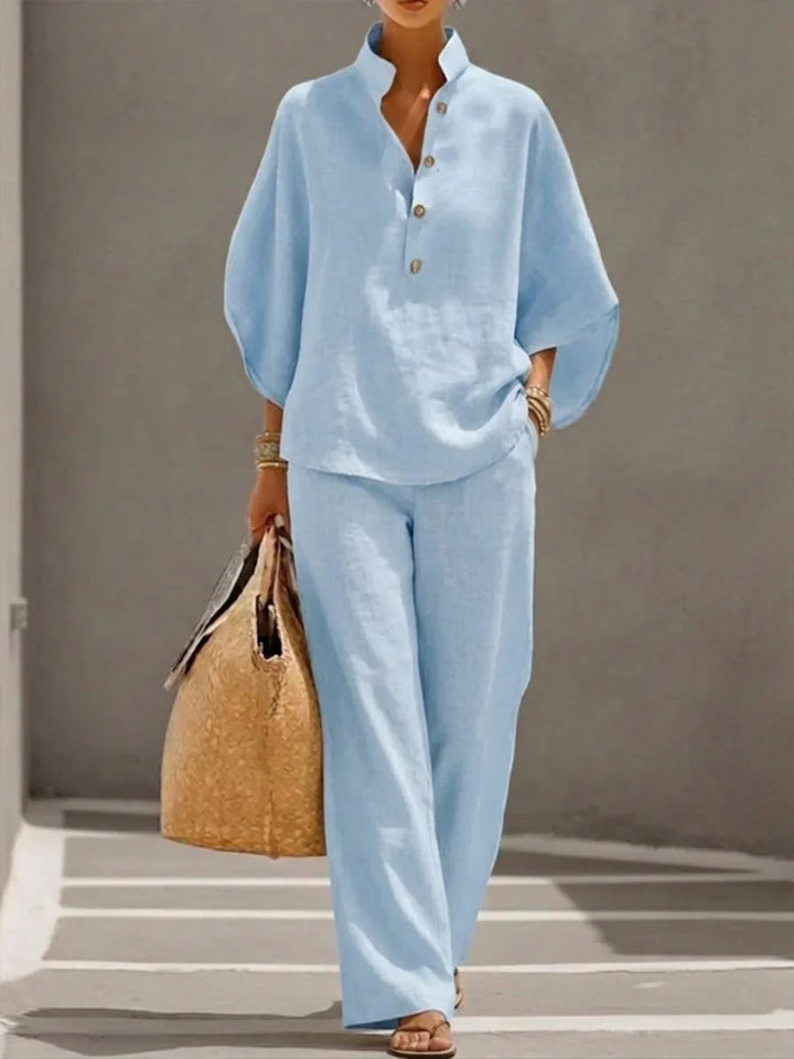 Elegantes Leinen Damen Zweiteiler-Set mit Fledermausärmeln und Weiter Hose