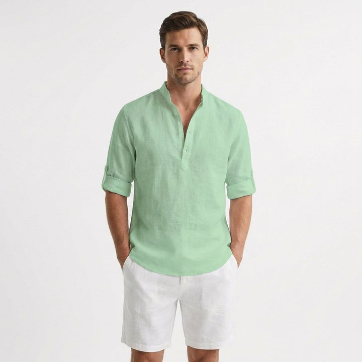 Herren Leinen Henley Hemd Stehkragen Gekrempelte Ärmel - Verde menta