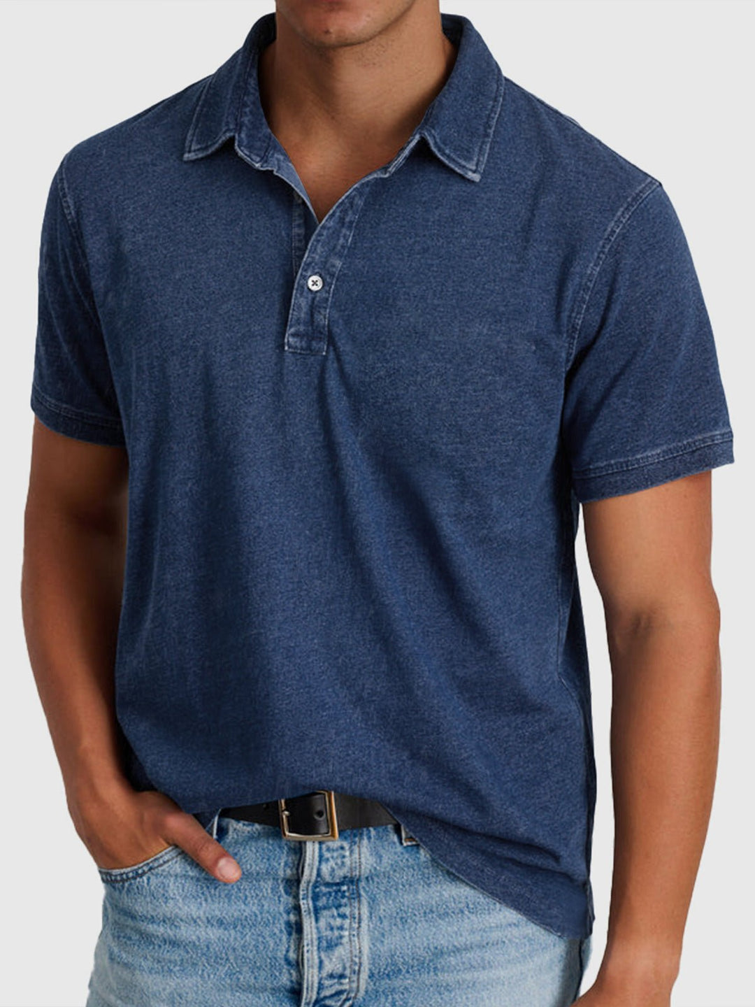 Herren Baumwoll-Denim Kurzarm Polo-Shirt - Navy Blue