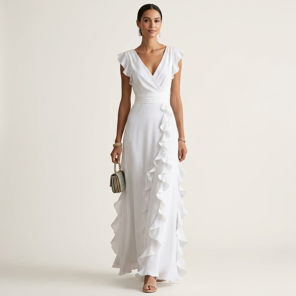Elegantes Damen Maxikleid mit Wickel-V-Ausschnitt und Flatterärmeln