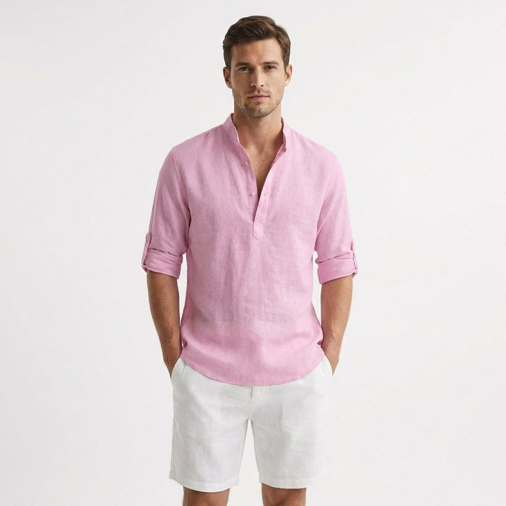 Herren Leinen Henley Hemd Stehkragen Gekrempelte Ärmel - Rosa