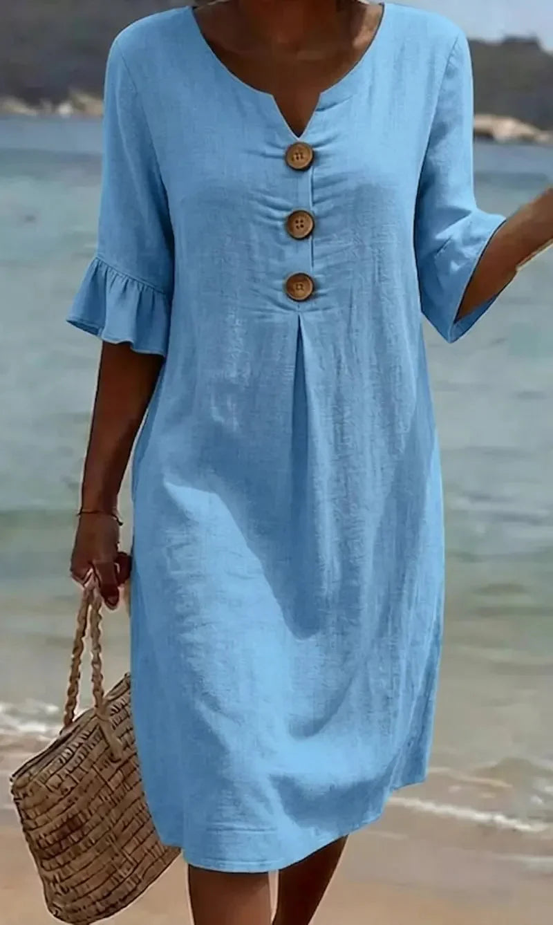 Lässiges Damen Leinenkleid mit Puffärmeln und Knöpfen