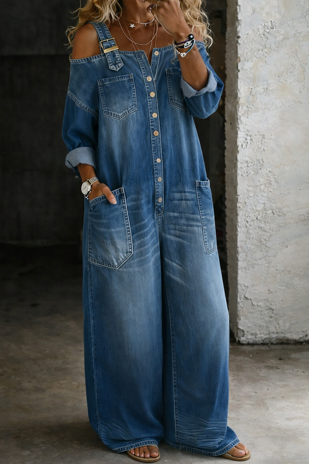 Modischer Schulterfrei Damen Denim-Jumpsuit