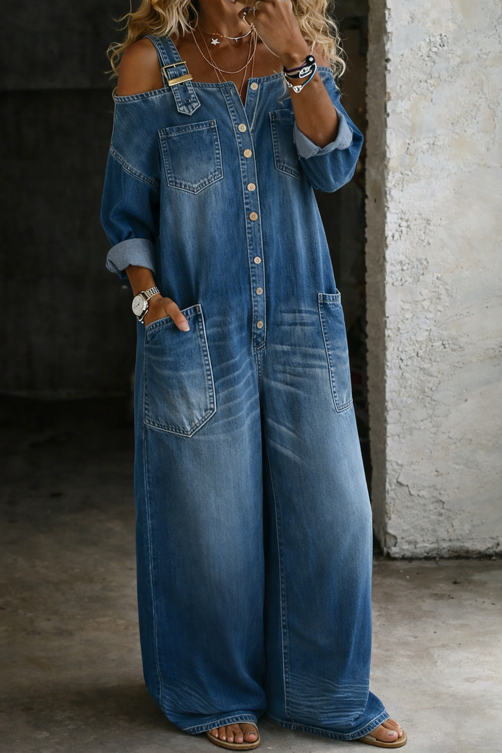 Modischer Schulterfrei Damen Denim-Jumpsuit