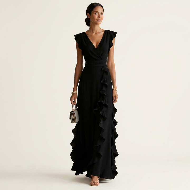Elegantes Damen Maxikleid mit Wickel-V-Ausschnitt und Flatterärmeln