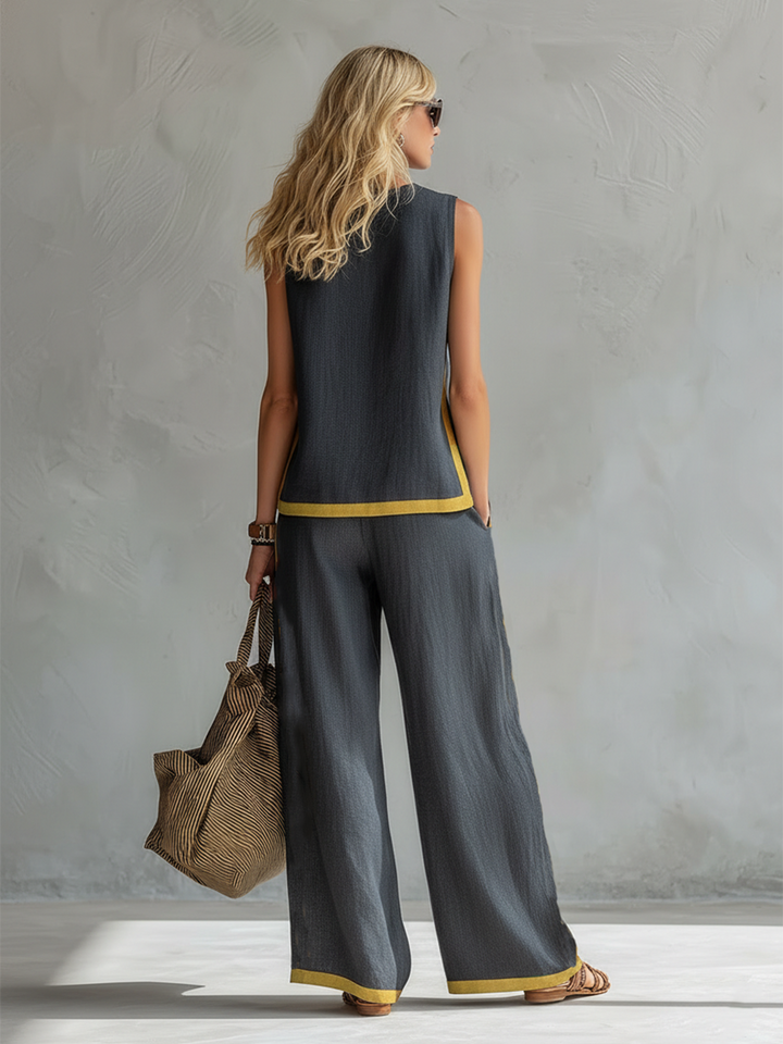 Elegantes Zweiteiliges Damen Set – Weste &amp; Hose aus Baumwoll-Leinen-Mix