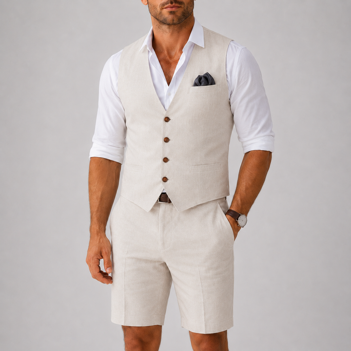 Sommerliches Leinen Herren Westen- und Shorts-Set