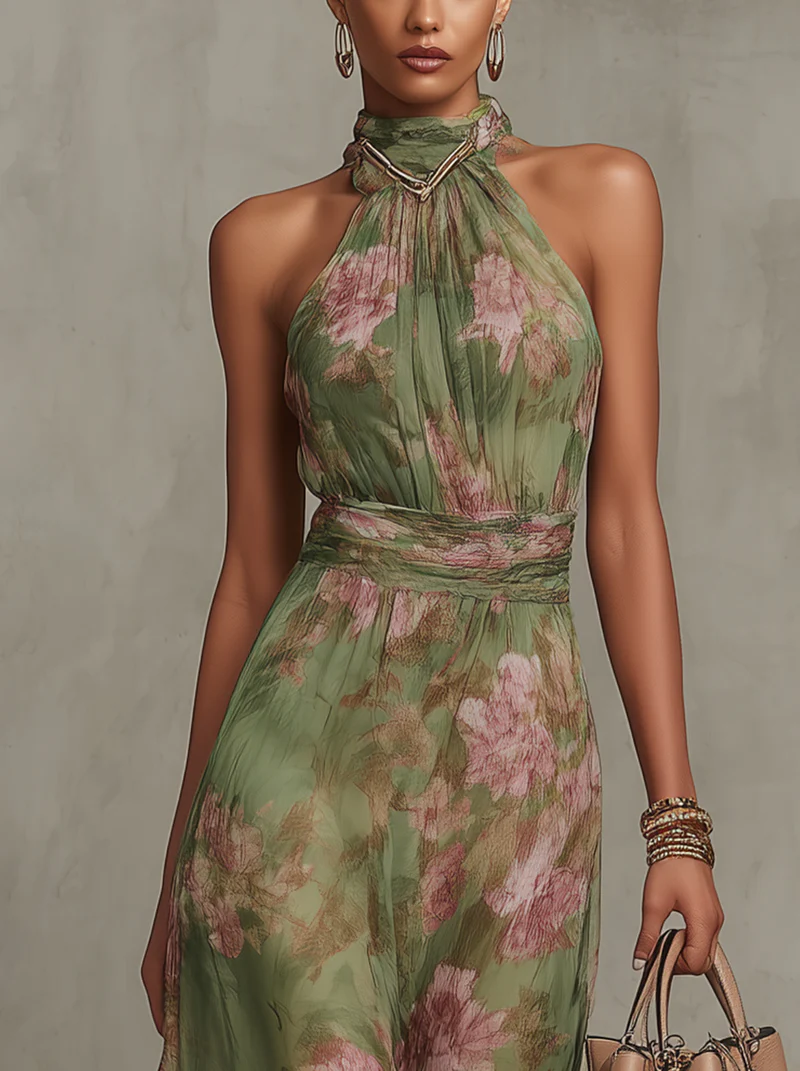 Elegantes Florales Damen Halter-Maxikleid