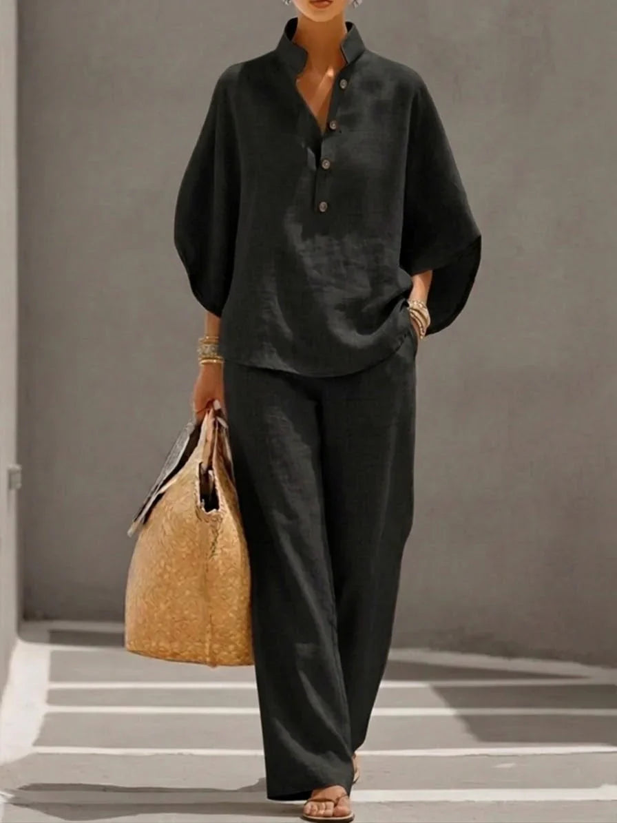 Elegantes Leinen Damen Zweiteiler-Set mit Fledermausärmeln und Weiter Hose