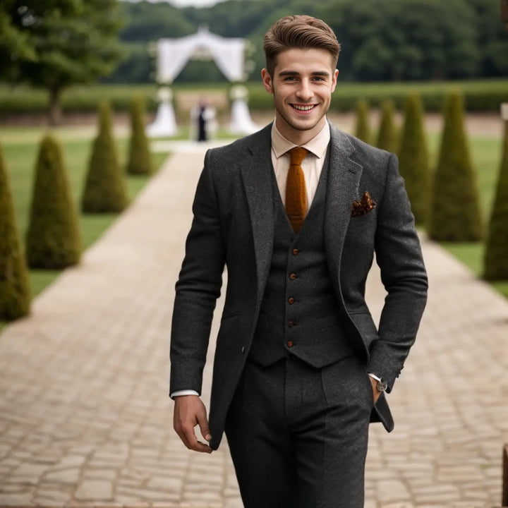 Eleganter Klassischer Herren Dreiteiliger Tweed Anzug