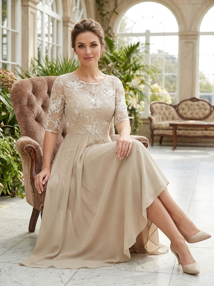 Elegantes Festliches Damen Chiffon-Maxikleid mit Spitzenoberteil