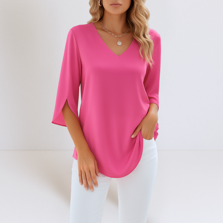 Elegante Sommerliche Damen Bluse mit V-Ausschnitt und geschlitzten Ärmeln