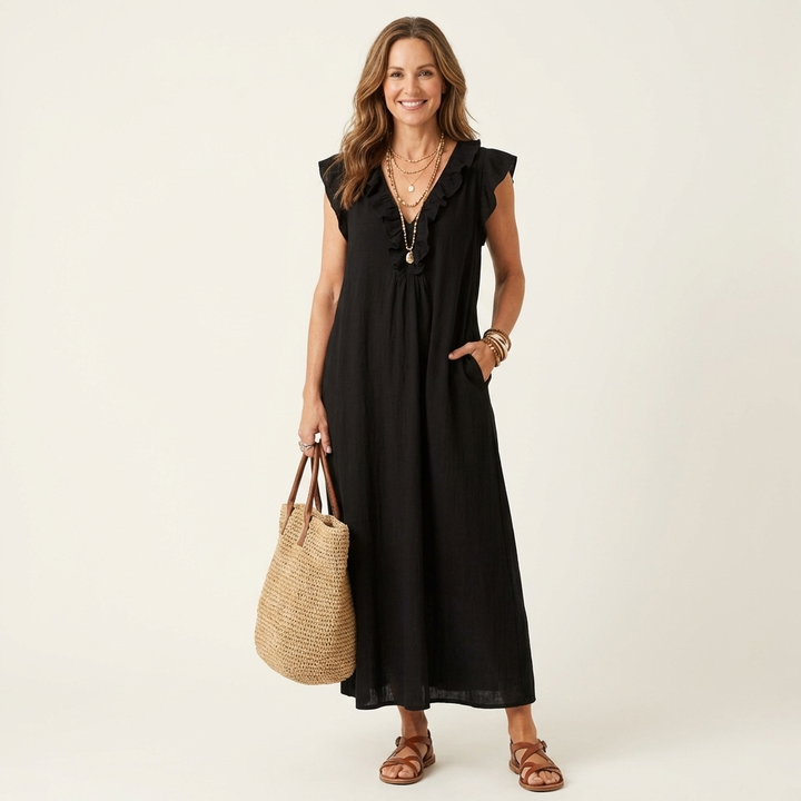 Elegantes Gerüschtes Damen Maxikleid mit V-Ausschnitt