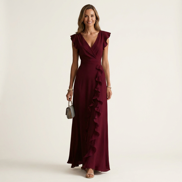 Elegantes Damen Maxikleid mit Wickel-V-Ausschnitt und Flatterärmeln