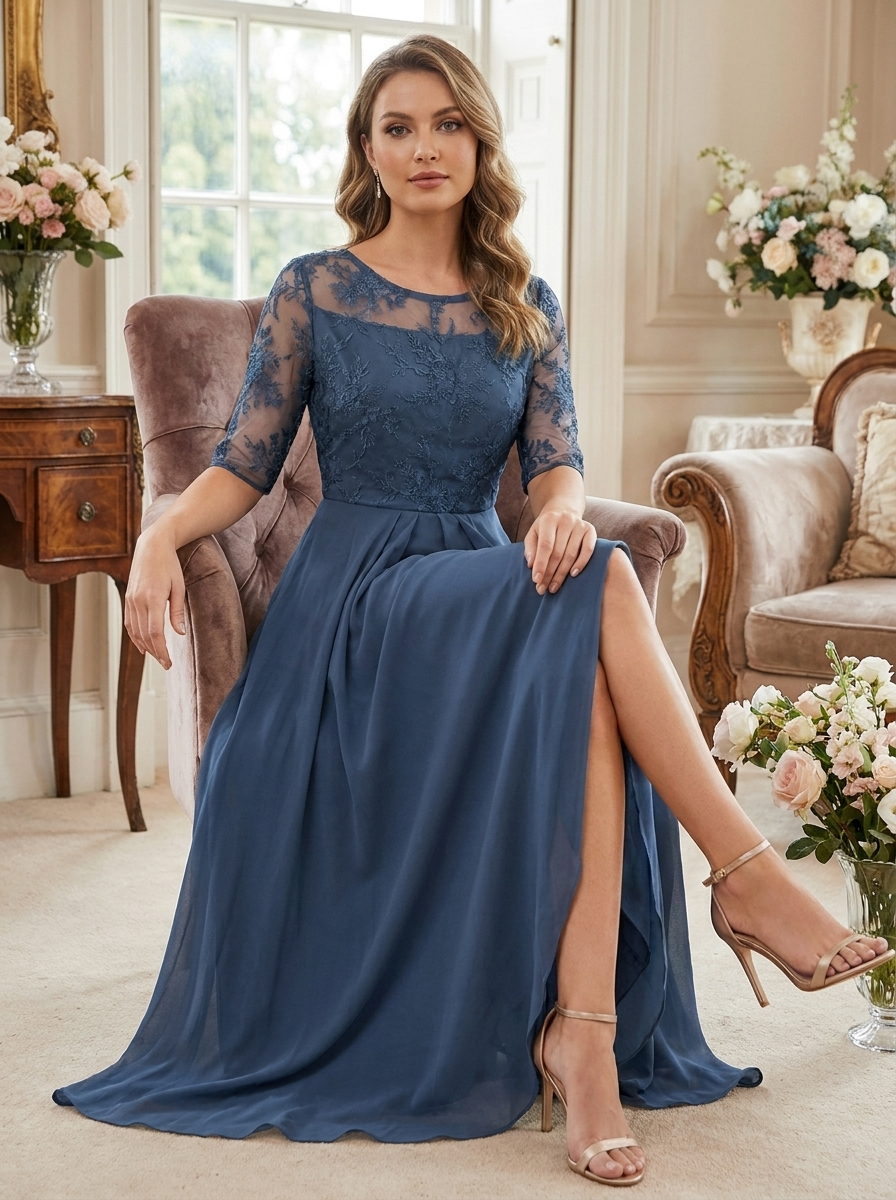 Elegantes Festliches Damen Chiffon-Maxikleid mit Spitzenoberteil