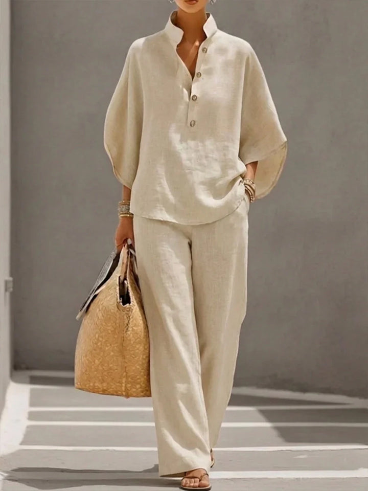 Elegantes Leinen Damen Zweiteiler-Set mit Fledermausärmeln und Weiter Hose