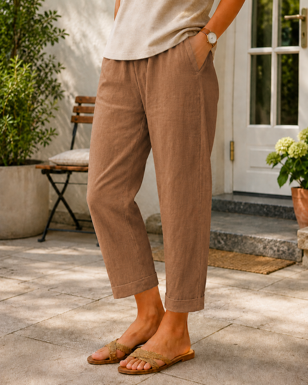Leichte Verkürzte Damen Leinenmix-Hose