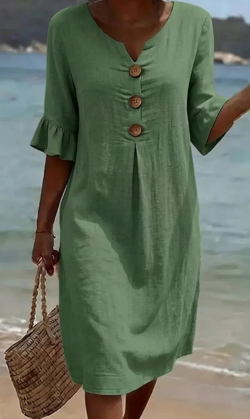 Lässiges Damen Leinenkleid mit Puffärmeln und Knöpfen