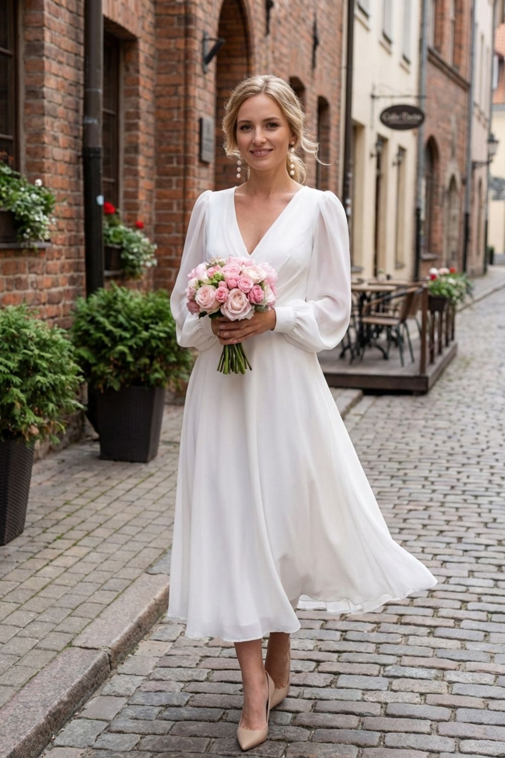 Elegantes Damen Midikleid mit V-Ausschnitt und Langarm