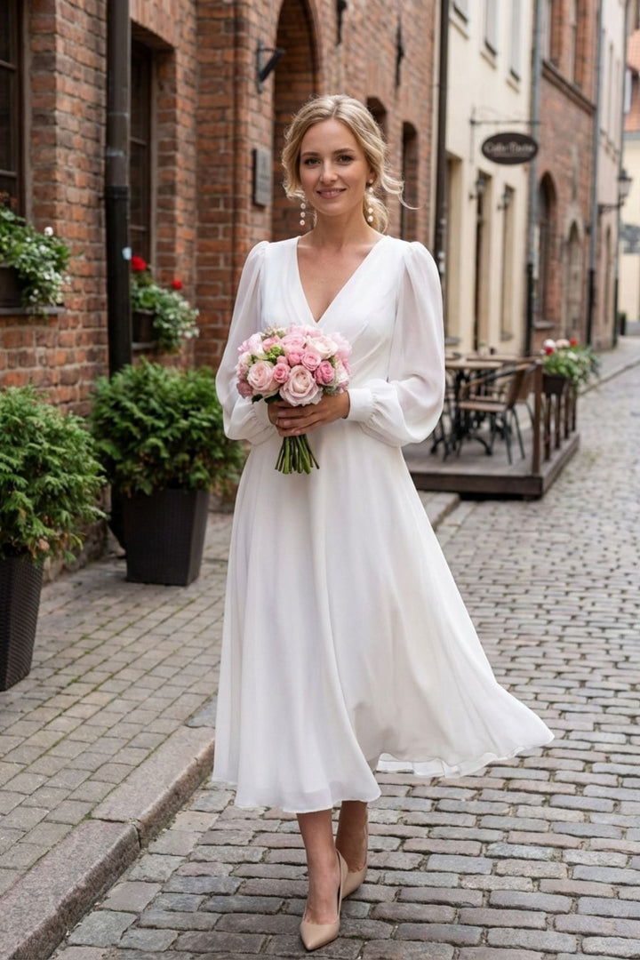 Elegantes Damen Midikleid mit V-Ausschnitt und Langarm