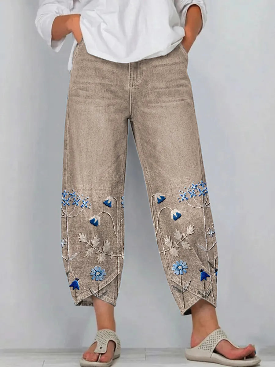Bestickte Damen Jeans-Hose mit weitem Bein
