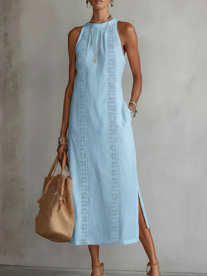 Elegantes Sommerliches Damen Midi-Kleid mit Stehkragen