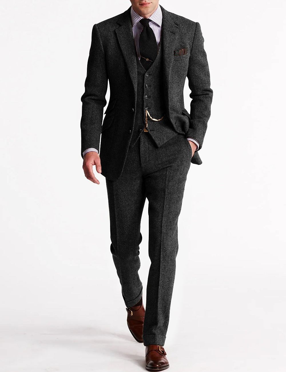 Klassischer Dreiteiliger Herren Tweed-Anzug mit Taschenuhrkette