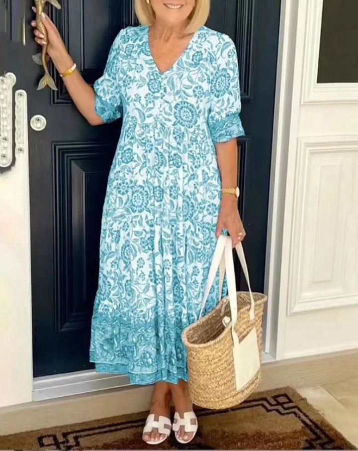 Elegantes Blumen Damen Kleid mit V-Ausschnitt
