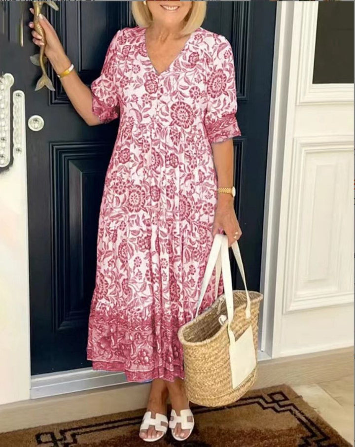 Elegantes Blumen Damen Kleid mit V-Ausschnitt