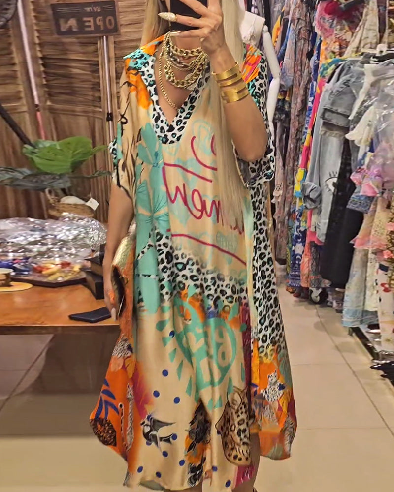 Lässiges Damen Sommerkleid mit tiefem V-Ausschnitt und Leopardenmuster