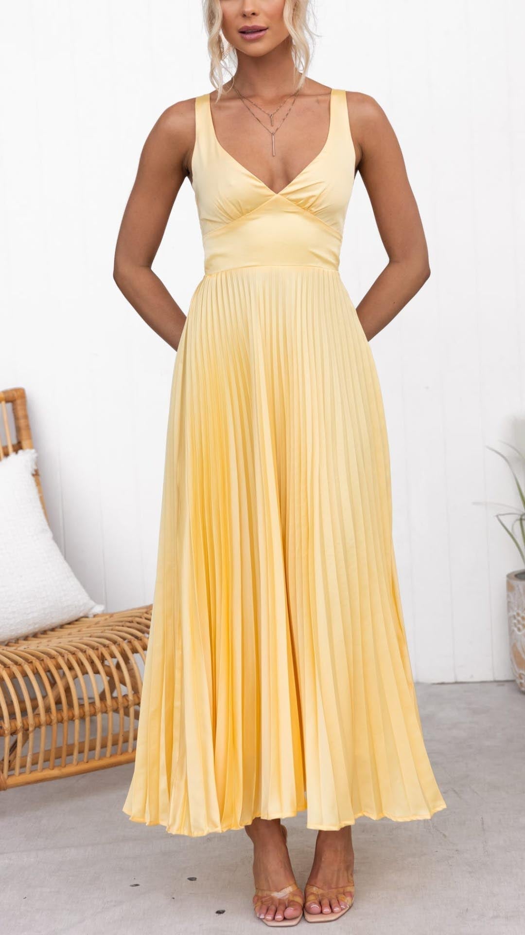 Trendiges Damen Maxi-Kleid mit Plissee und V-Ausschnitt