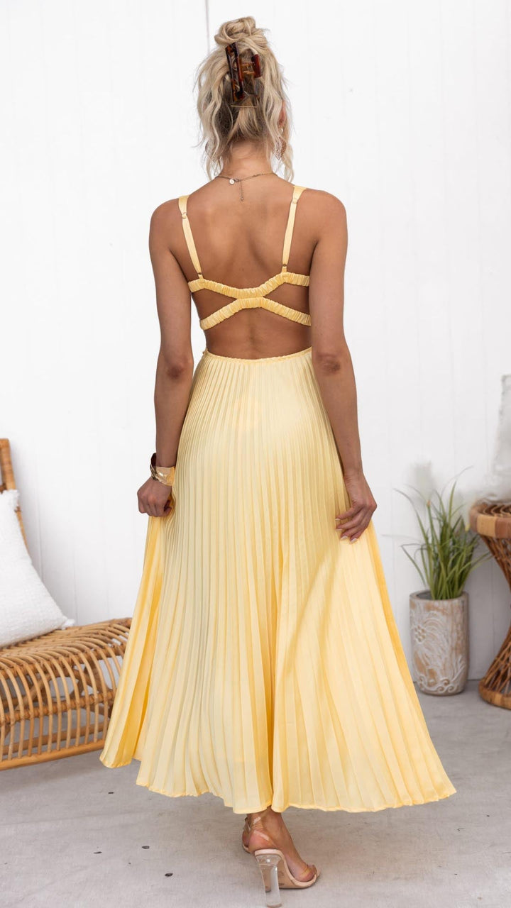 Trendiges Damen Maxi-Kleid mit Plissee und V-Ausschnitt