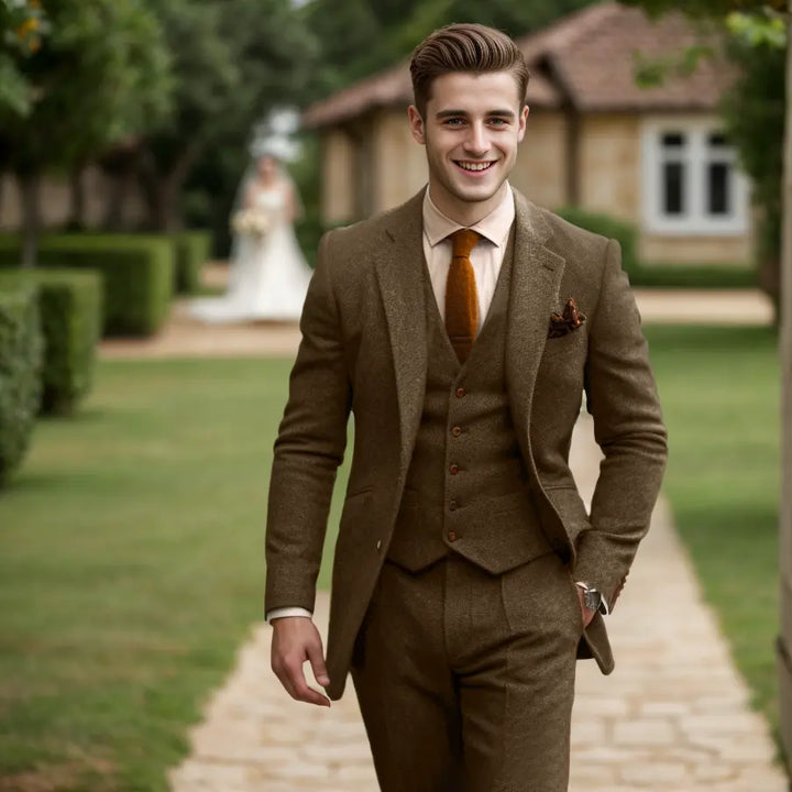 Eleganter Klassischer Herren Dreiteiliger Tweed Anzug