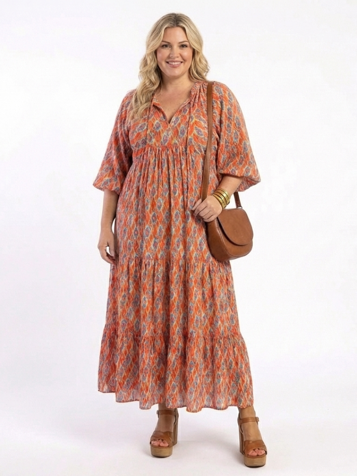 Luftiges Geometrisches Damen Midi-Kleid mit V-Ausschnitt