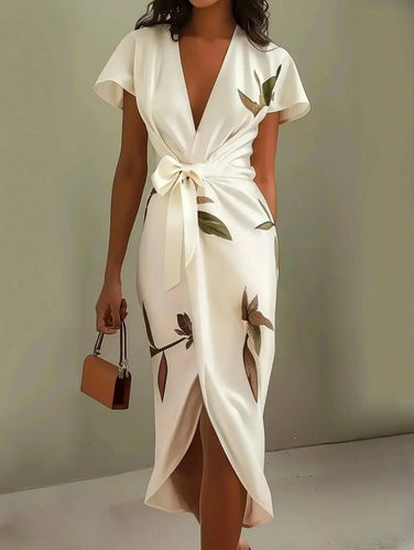 Damen Blumen Wickel Midi Kleid V-Ausschnitt - White
