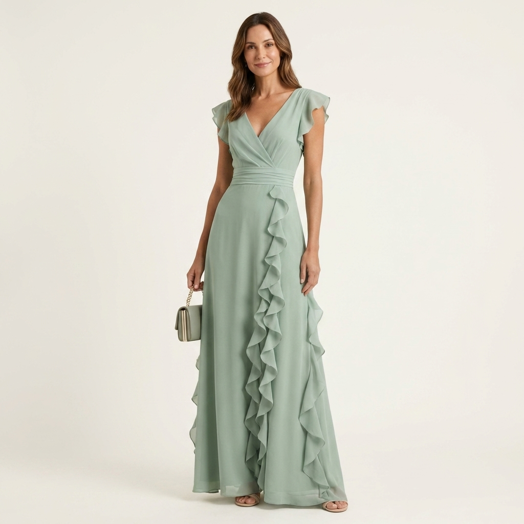 Elegantes Damen Maxikleid mit Wickel-V-Ausschnitt und Flatterärmeln