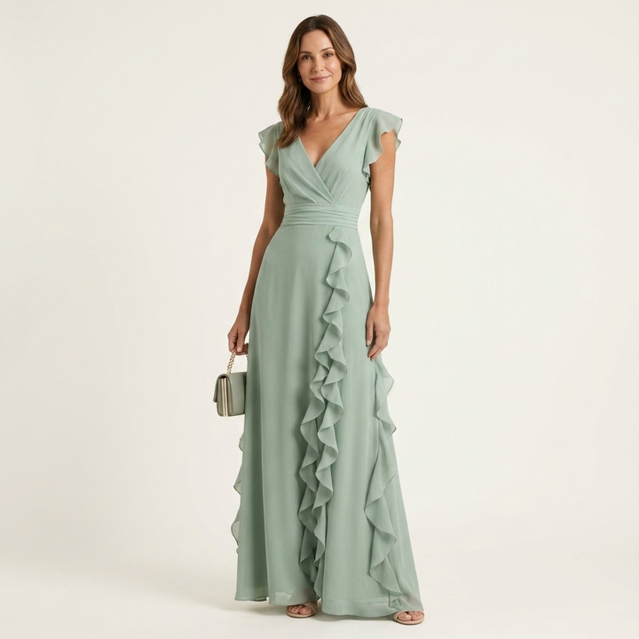 Elegantes Damen Maxikleid mit Wickel-V-Ausschnitt und Flatterärmeln