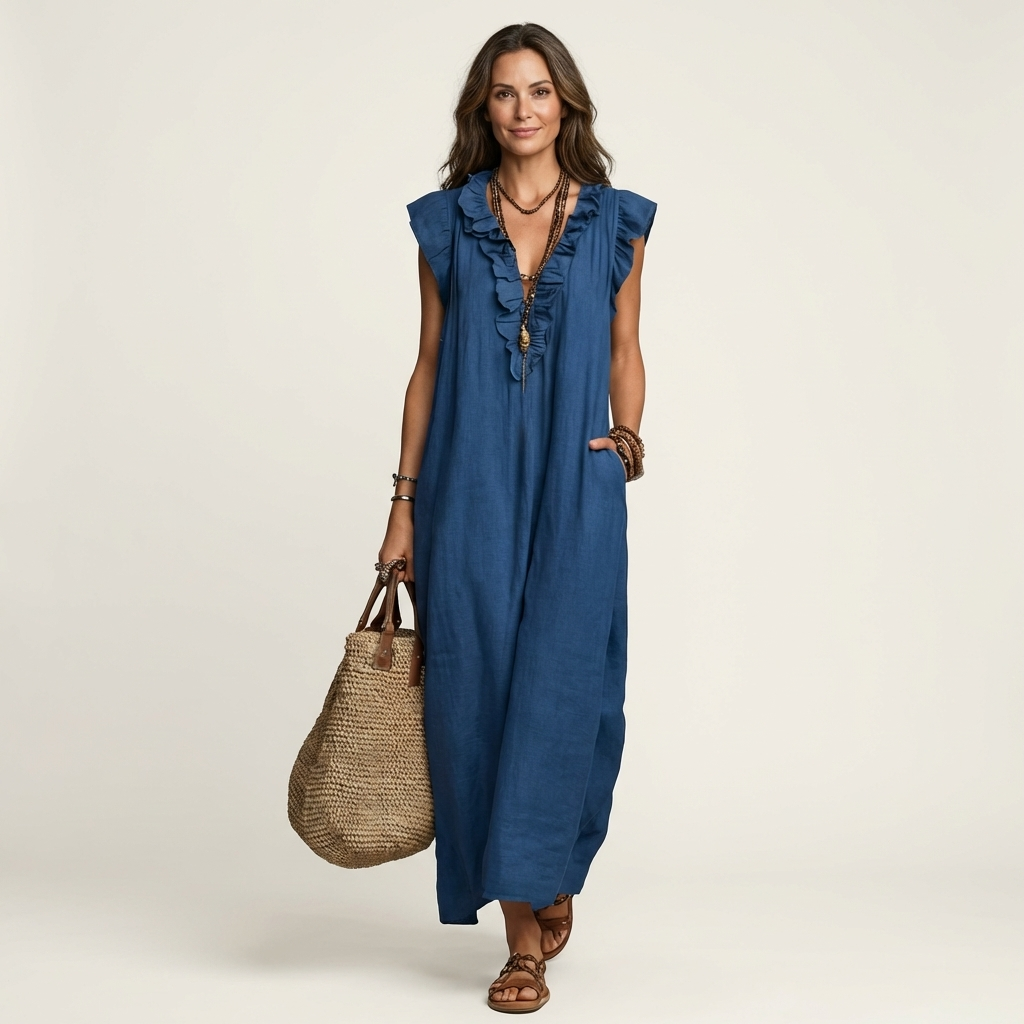 Elegantes Gerüschtes Damen Maxikleid mit V-Ausschnitt
