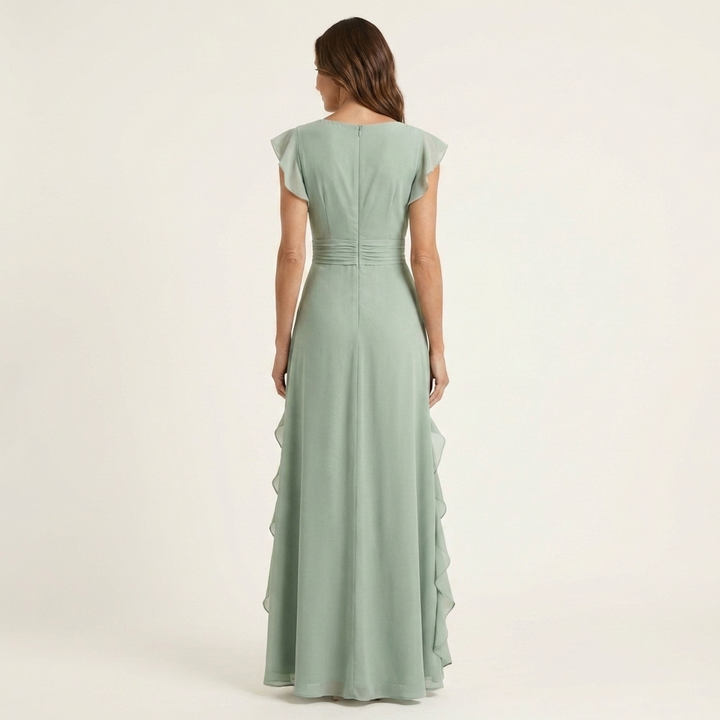 Elegantes Damen Maxikleid mit Wickel-V-Ausschnitt und Flatterärmeln