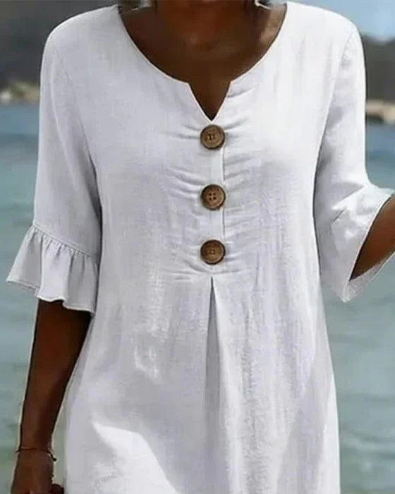 Lässiges Damen Leinenkleid mit Puffärmeln und Knöpfen