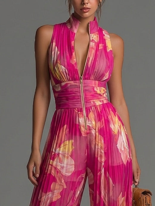 Eleganter Plissierter Damen Jumpsuit mit Blumenmuster