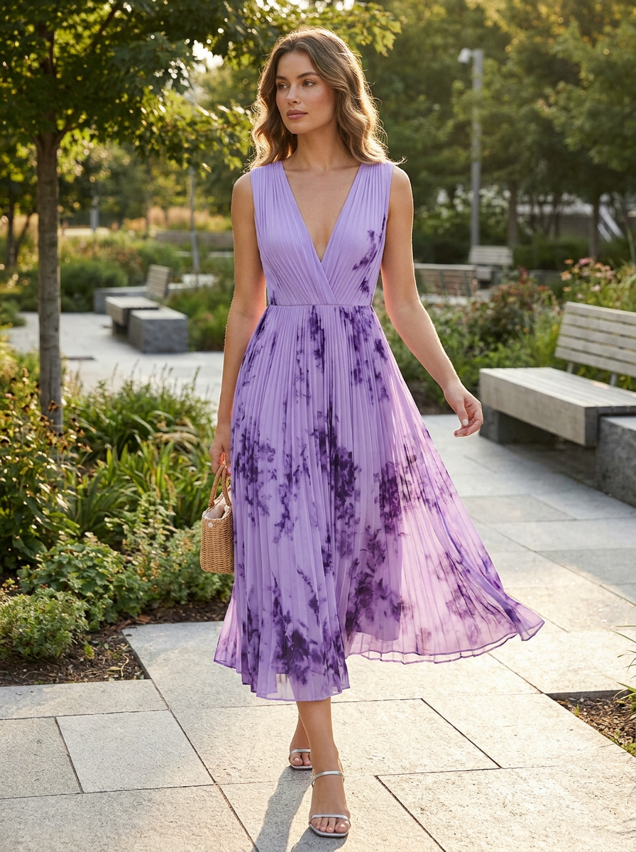 Elegantes Plissee Damen Midikleid mit V-Ausschnitt