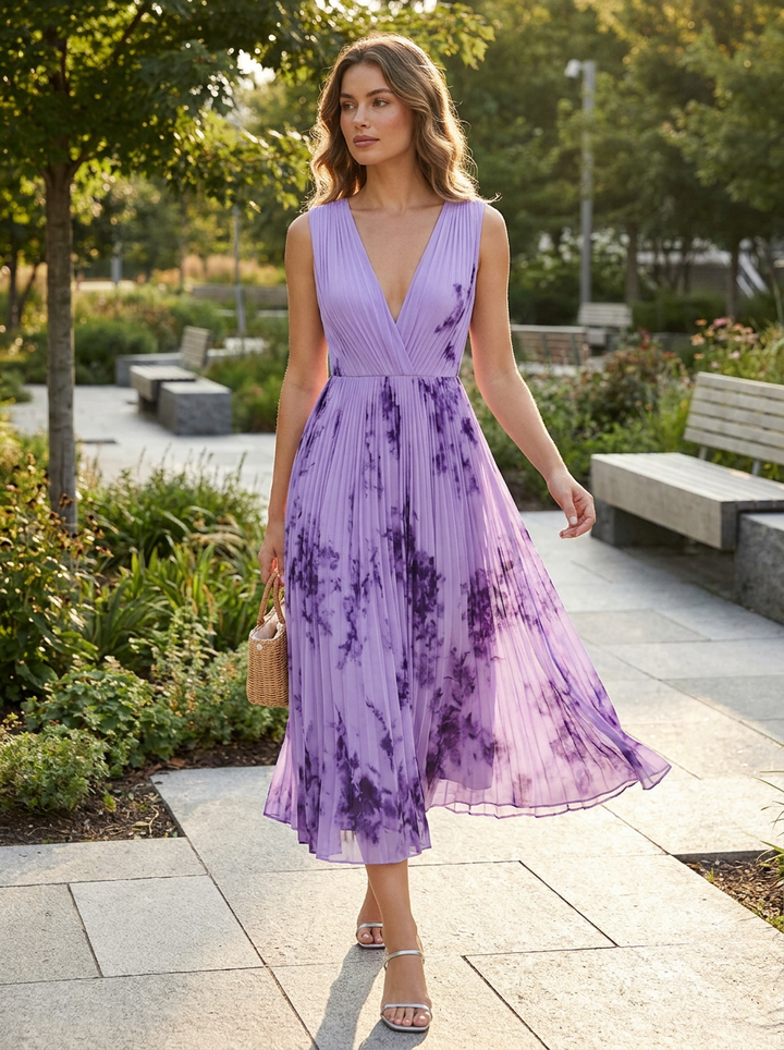 Elegantes Plissee Damen Midikleid mit V-Ausschnitt