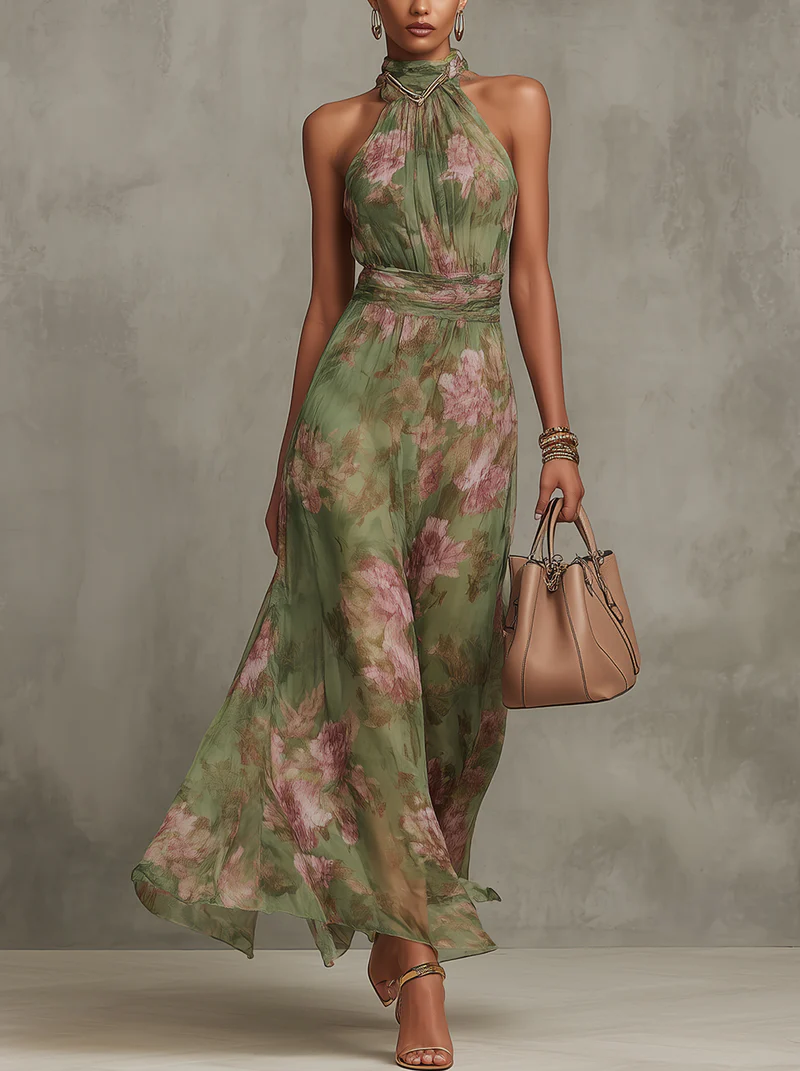 Elegantes Florales Damen Halter-Maxikleid
