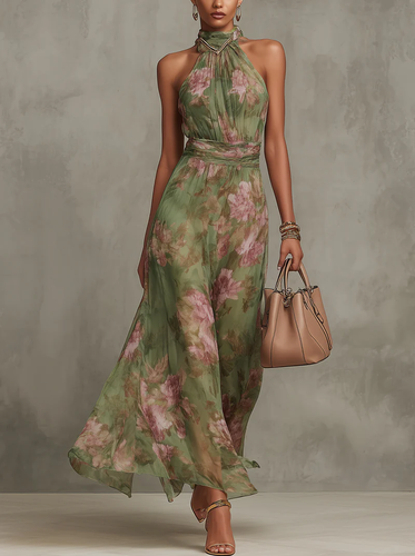 Elegantes Florales Damen Halter-Maxikleid