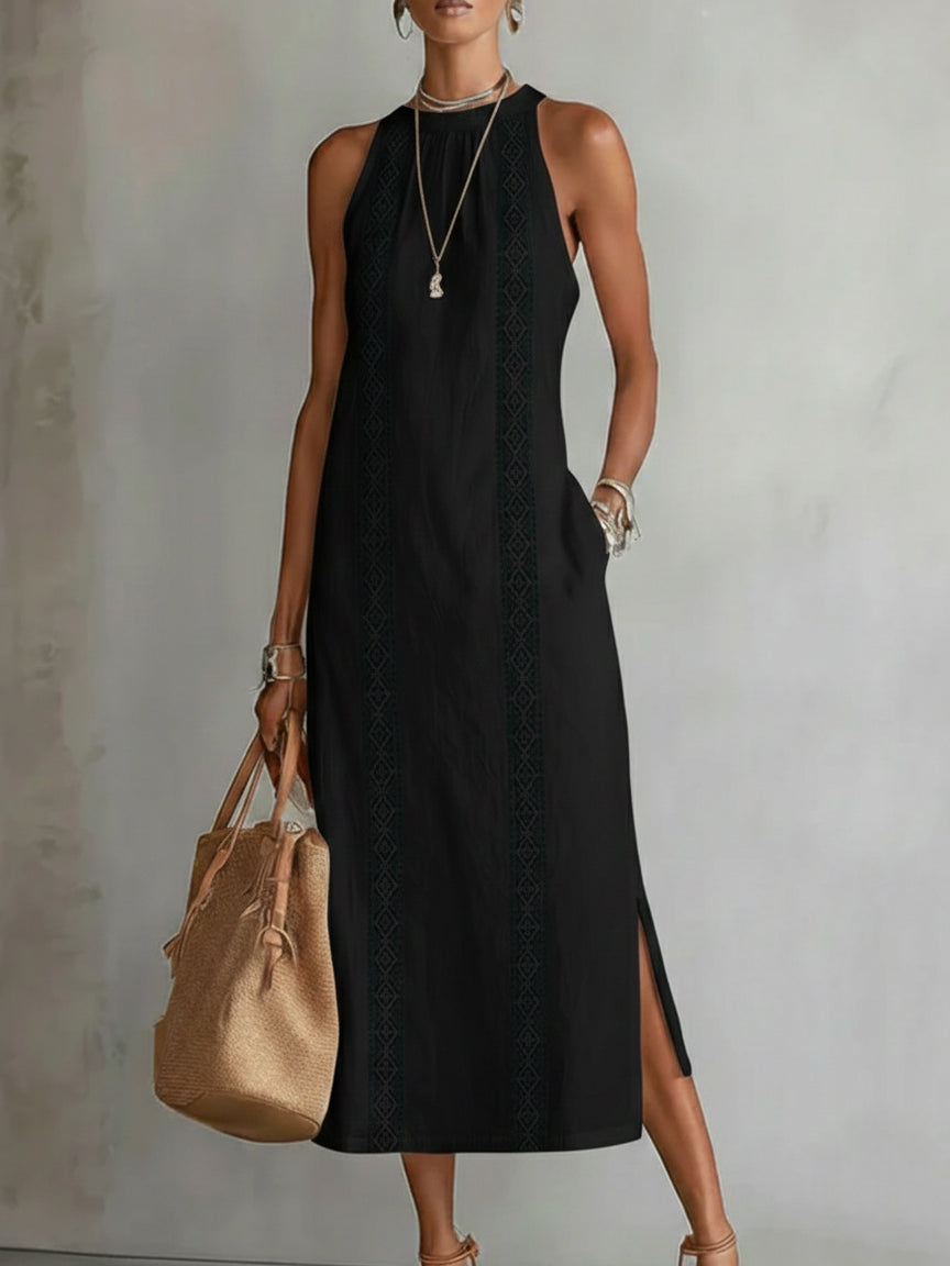 Elegantes Sommerliches Damen Midi-Kleid mit Stehkragen